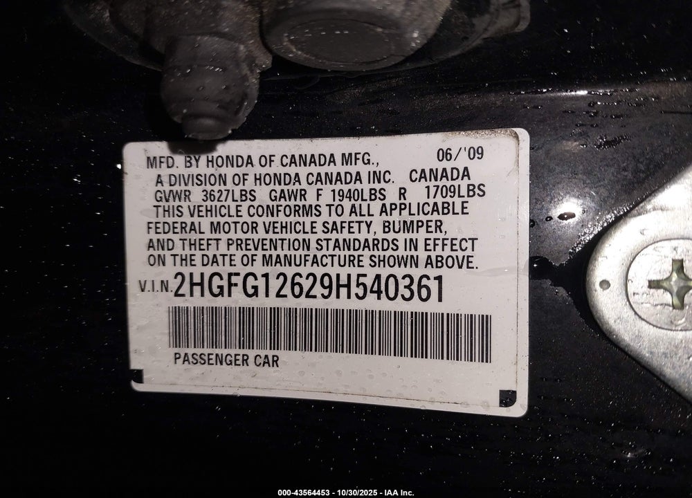2009 HONDA CIVIC LX VIN: 2HGFG12629H540361