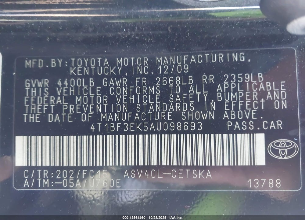 2010 TOYOTA CAMRY SE VIN: 4T1BF3EK5AU098693