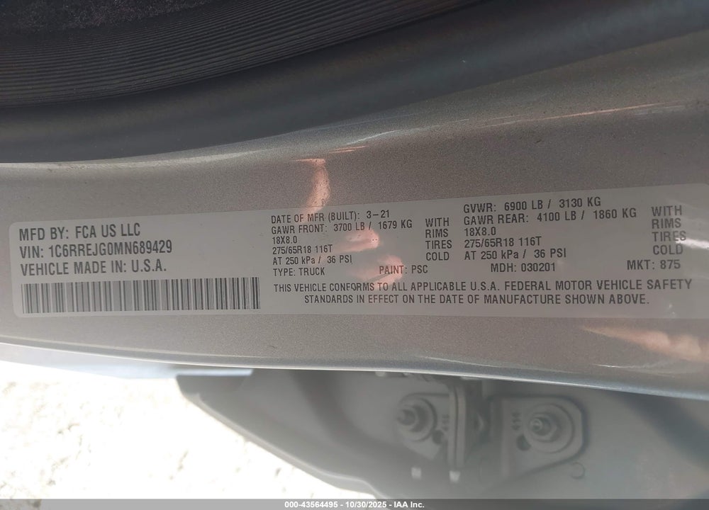 2021 RAM 1500 LAIE  4X2 5'7 BOX VIN: 1C6RREJG0MN689429