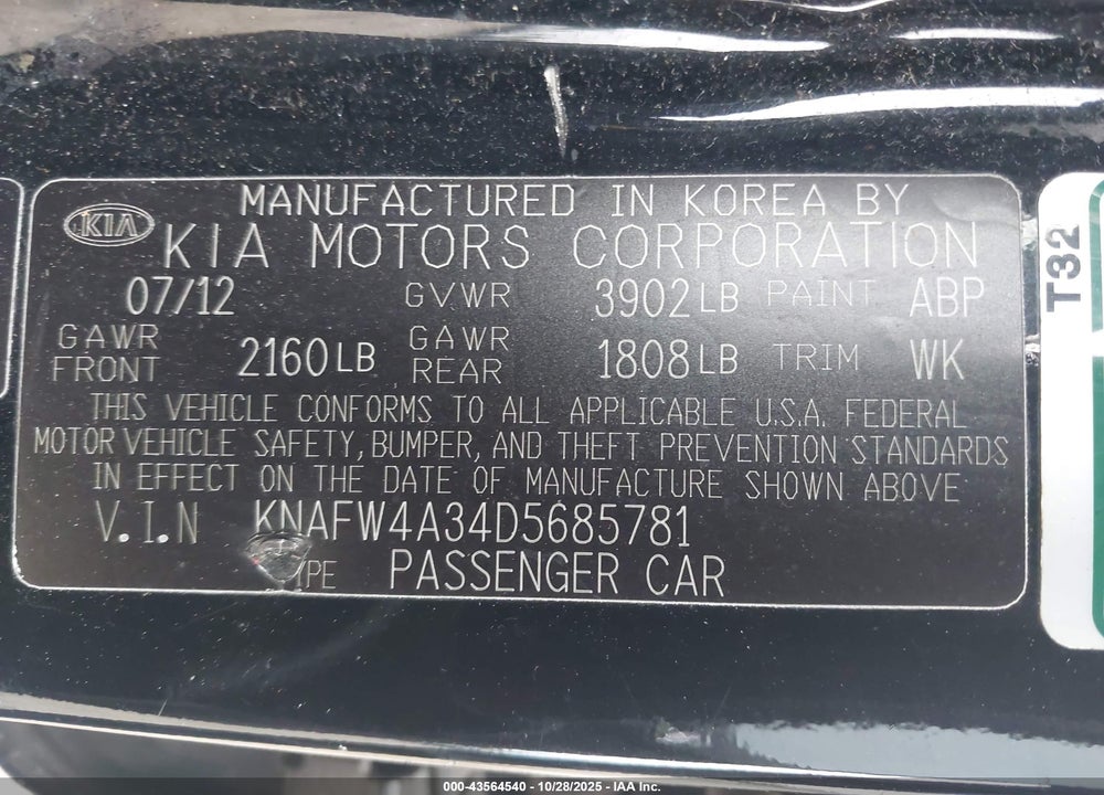 2013 KIA FORTE SX VIN: KNAFW4A34D5685781