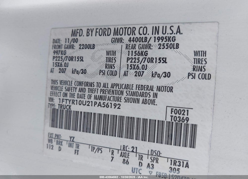 2001 FORD RANGER EDGE/XL/XLT VIN: 1FTYR10U21PA56192
