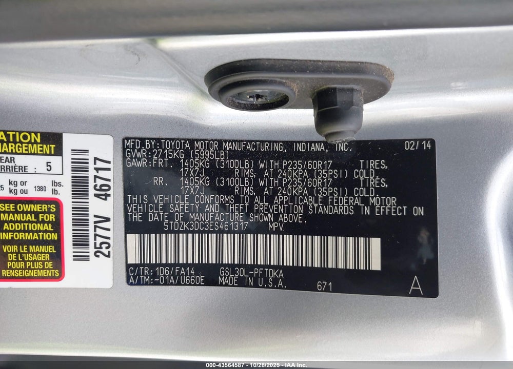 2014 TOYOTA SIENNA L V6 7 PASSENGER VIN: 5TDZK3DC3ES461317