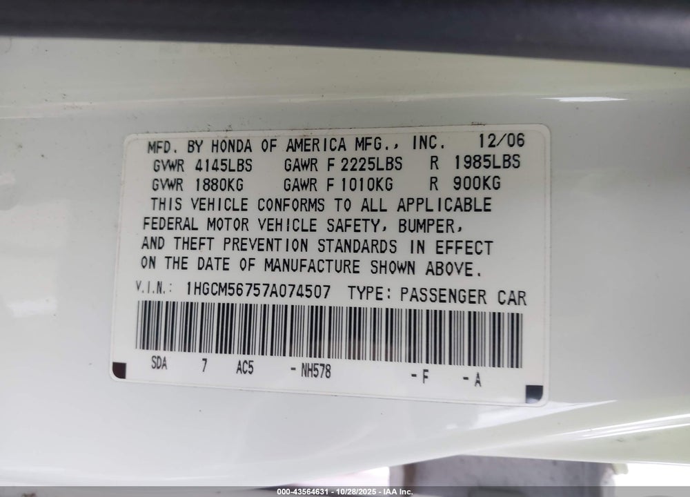 2007 HONDA ACCORD 2.4 EX VIN: 1HGCM56757A074507