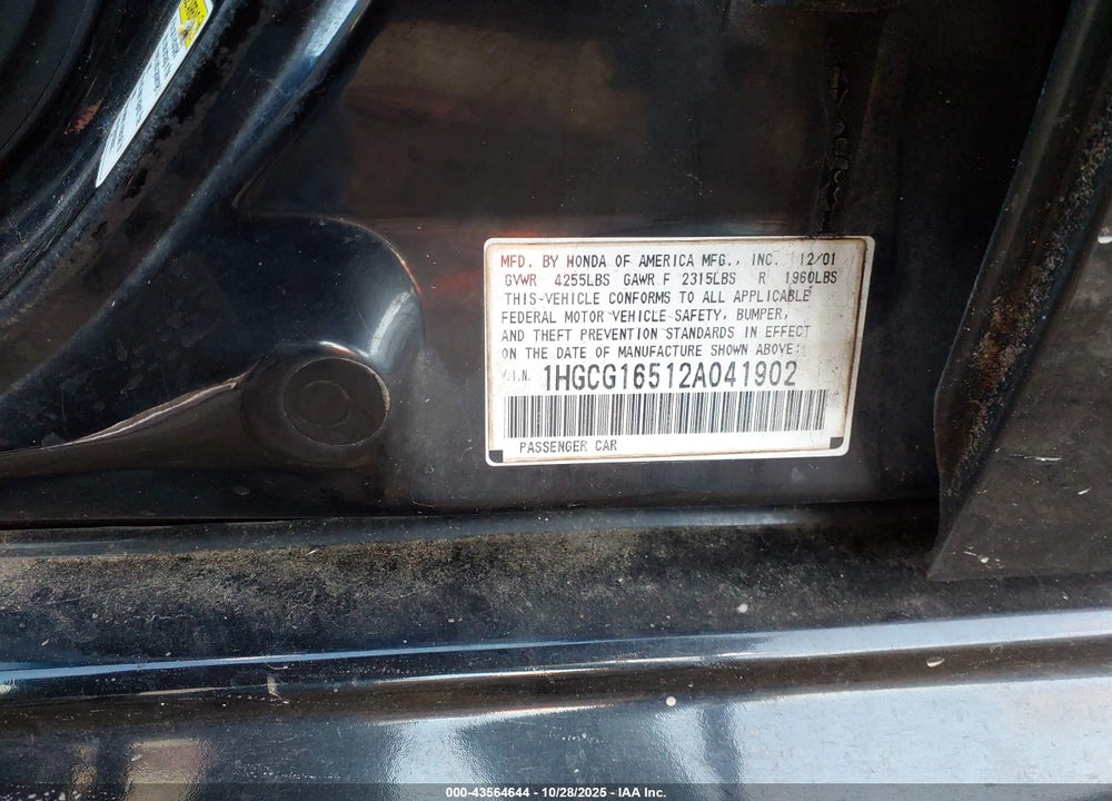 2002 HONDA ACCORD 3.0 EX VIN: 1HGCG16512A041902