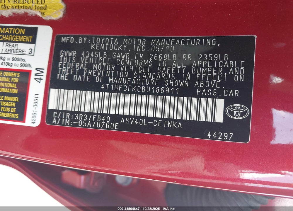 2011 TOYOTA CAMRY LE VIN: 4T1BF3EK0BU186911