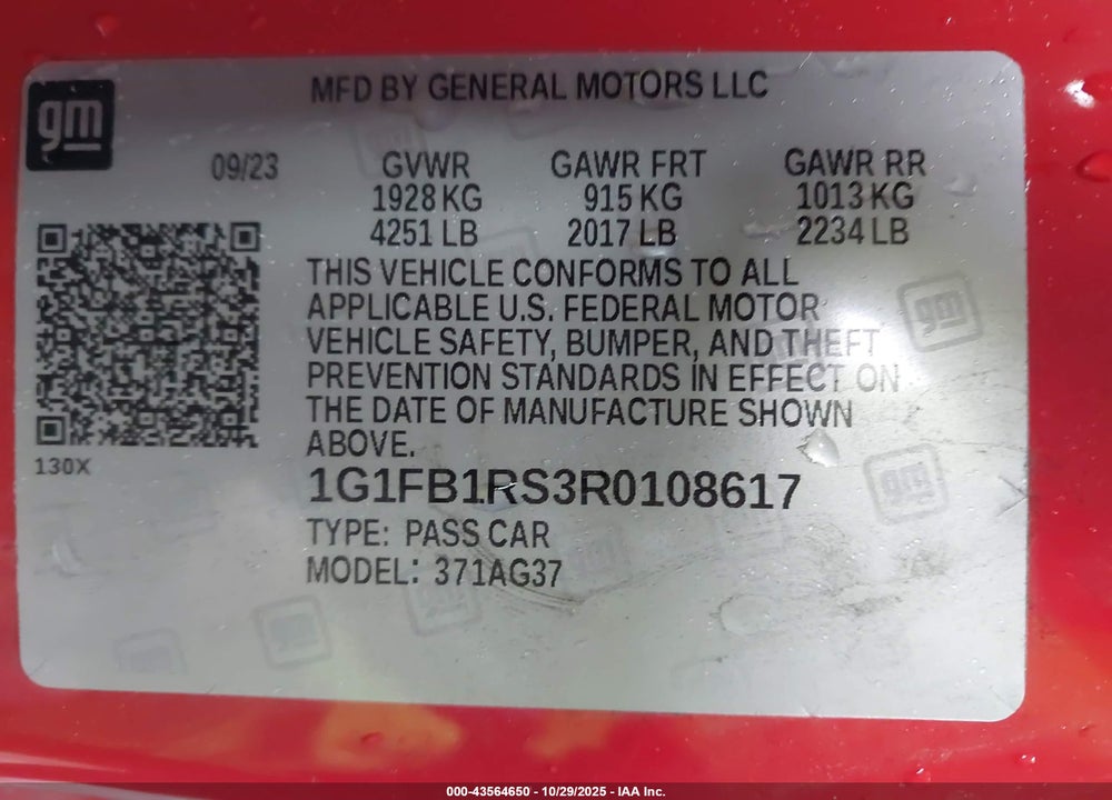 2024 CHEVROLET CAMARO VIN: 1G1FB1RS3R0108617