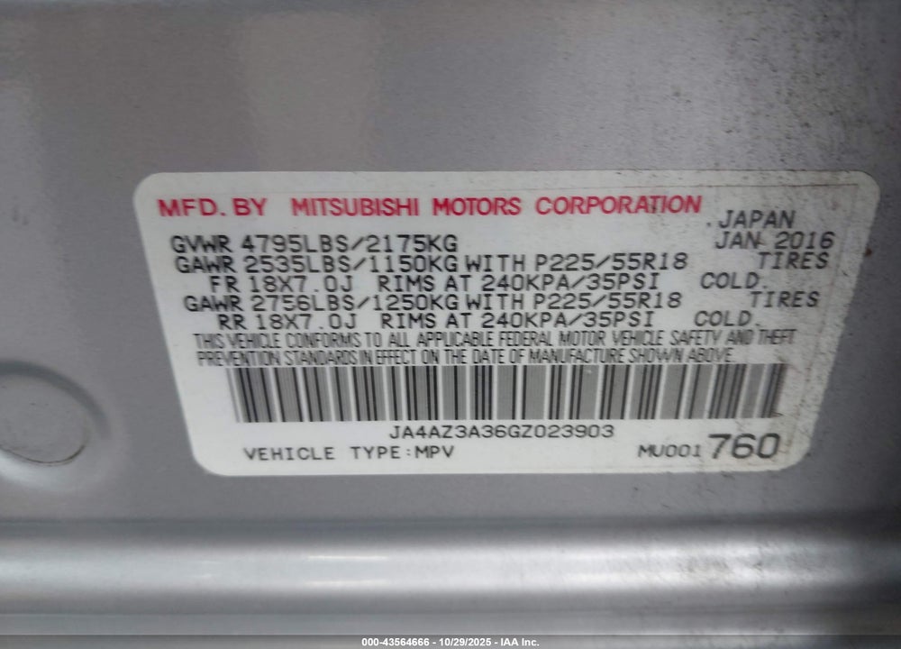 2016 MITSUBISHI OUTLANDER VIN: JA4AZ3A36GZ023903