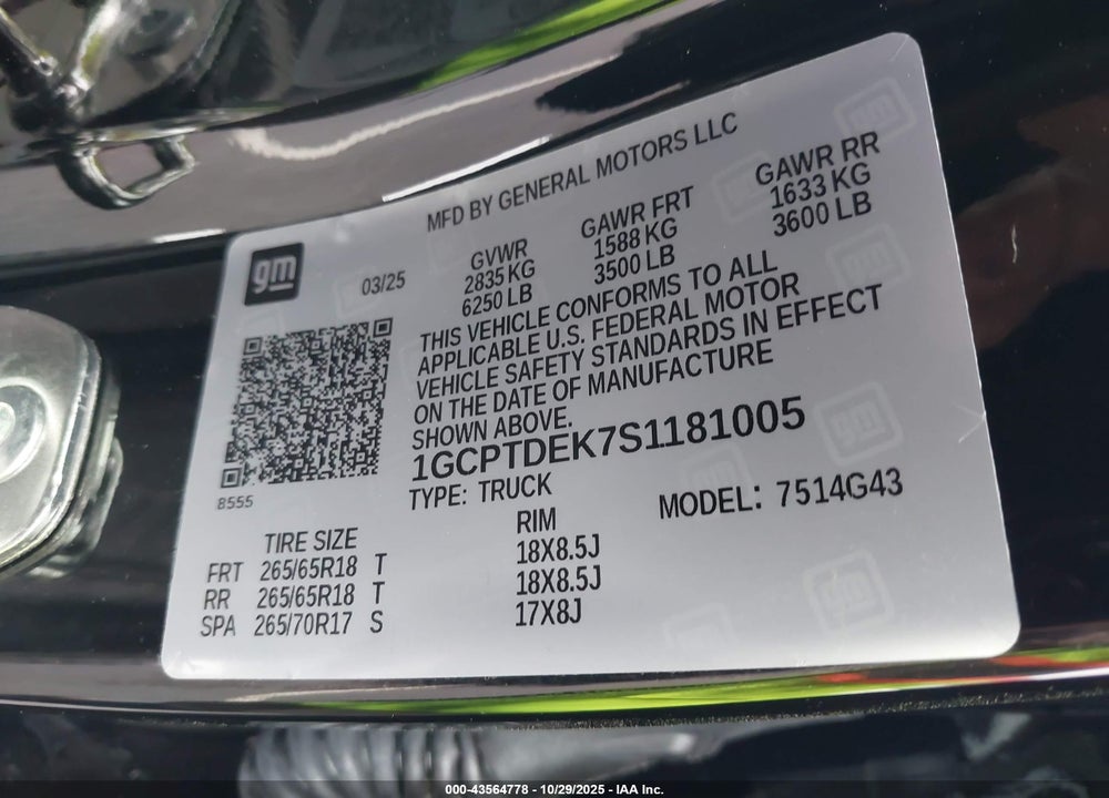 2025 CHEVROLET COLORADO VIN: 1GCPTDEK7S1181005