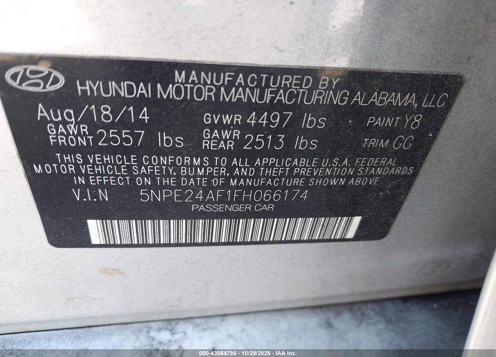 2015 HYUNDAI SONATA SE VIN: 5NPE24AF1FH066174