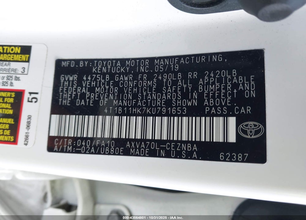 2019 TOYOTA CAMRY VIN: 4T1B11HK7KU791653
