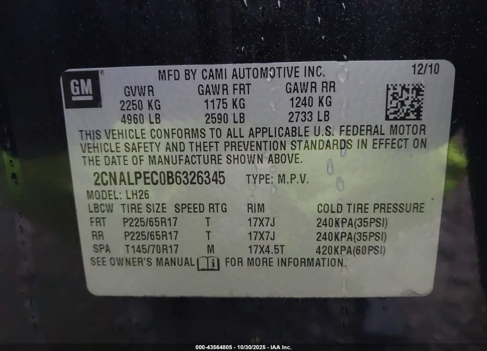 2011 CHEVROLET EQUINOX 2LT VIN: 2CNALPEC0B6326345