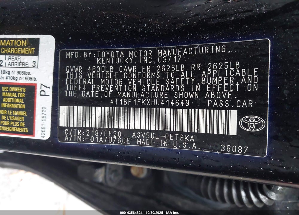 2017 TOYOTA CAMRY SE VIN: 4T1BF1FKXHU414649