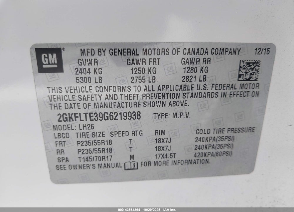 2016 GMC TERRAIN SLE-2 VIN: 2GKFLTE39G6219938