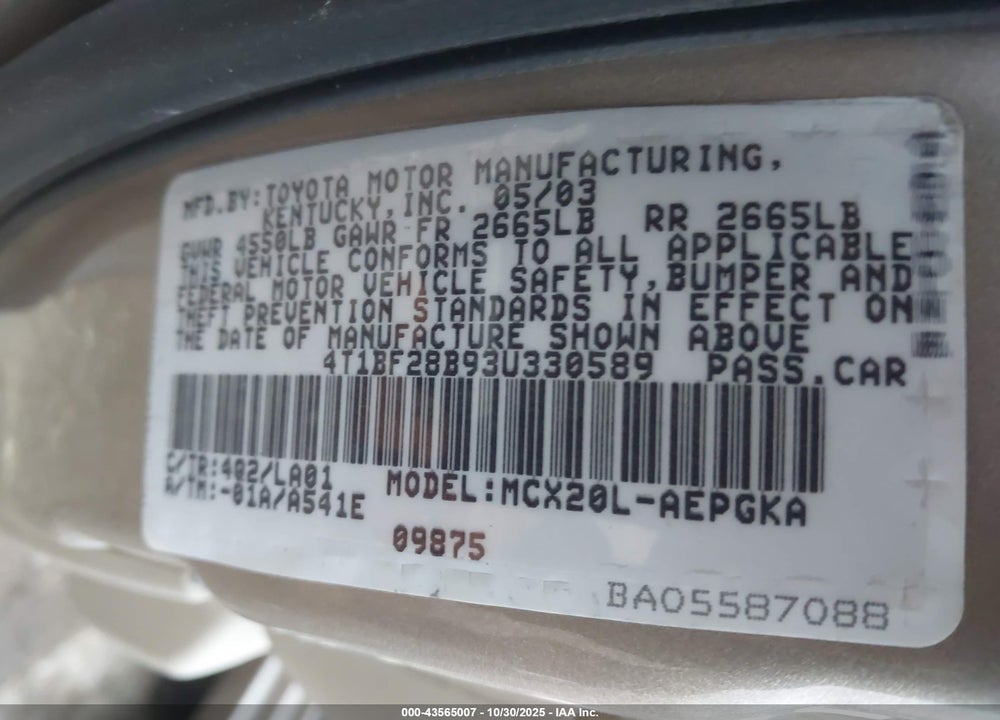 2003 TOYOTA AVALON XLS VIN: 4T1BF28B93U330589