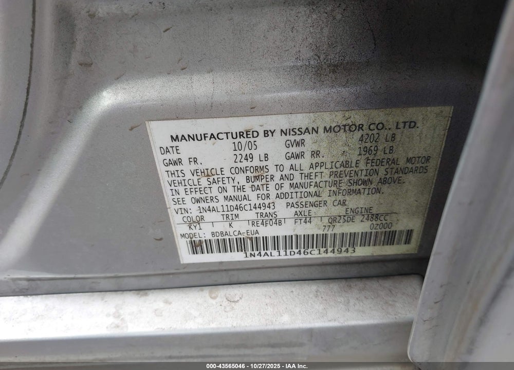 2006 NISSAN ALTIMA 2.5 S VIN: 1N4AL11D46C144943