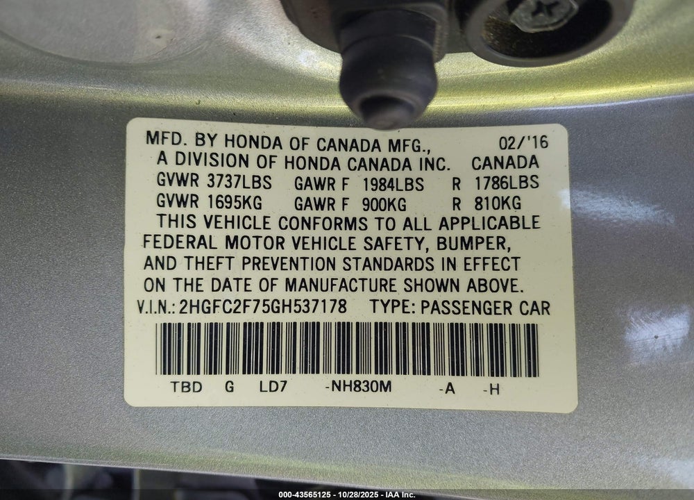 2016 HONDA CIVIC EX VIN: 2HGFC2F75GH537178