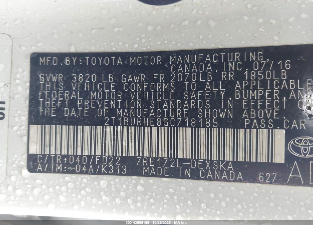 2016 TOYOTA COROLLA S PLUS VIN: 2T1BURHE8GC718185