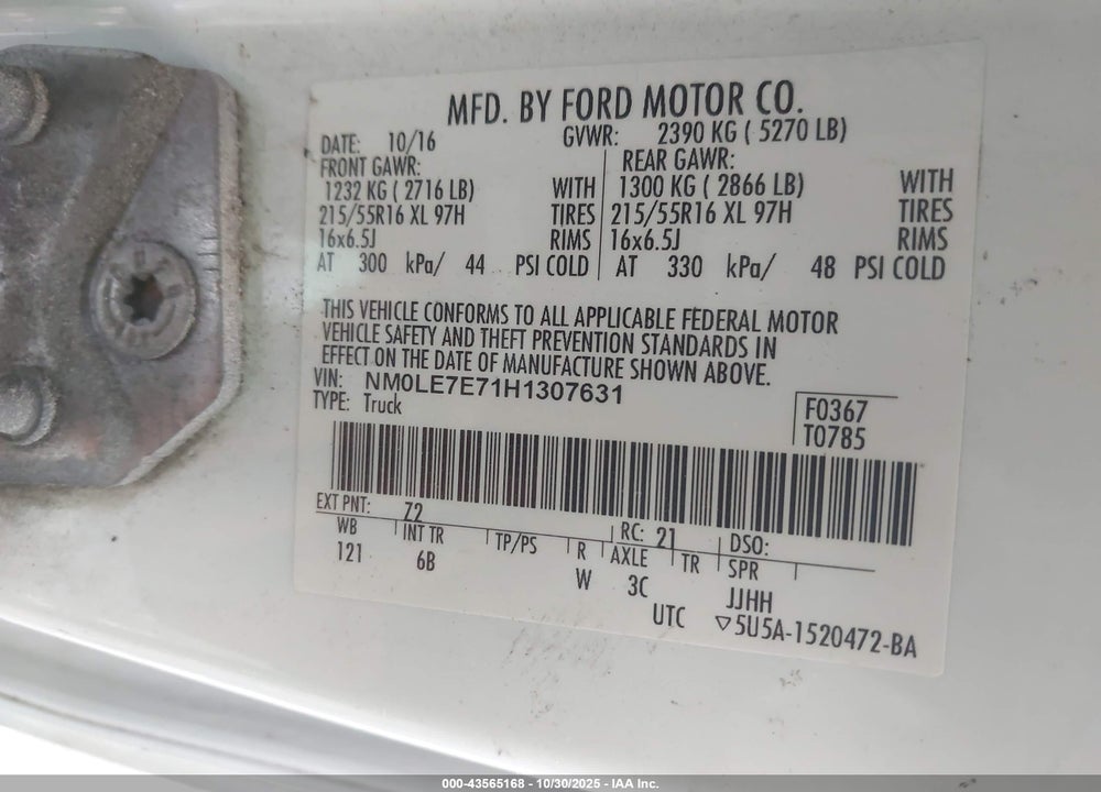 2017 FORD TRANSIT CONNECT XL VIN: NM0LE7E71H1307631