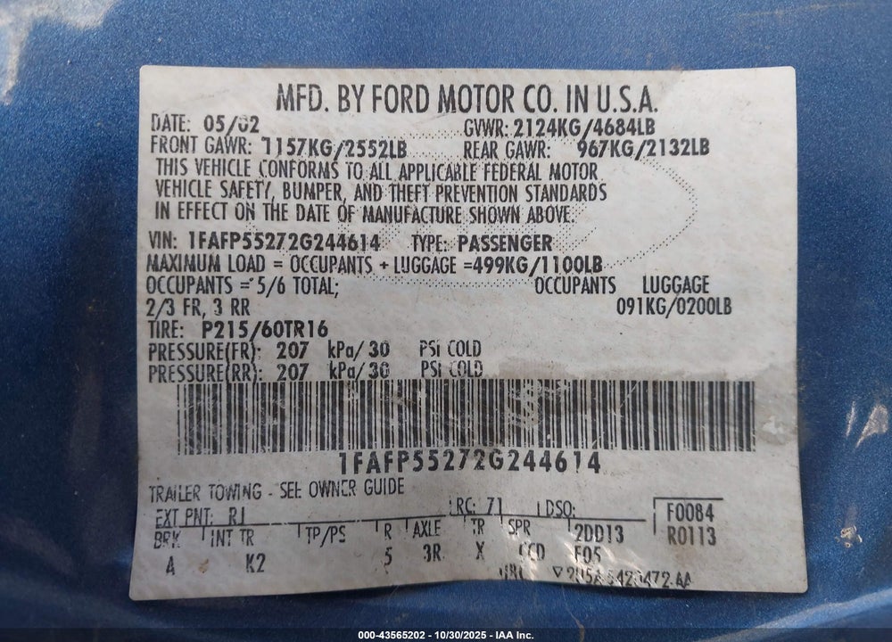 2002 FORD TAURUS SES VIN: 1FAFP55272G244614