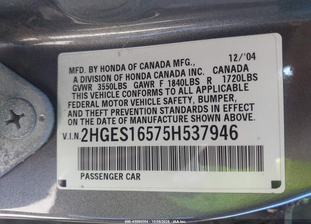 2005 HONDA CIVIC LX VIN: 2HGES16575H537946