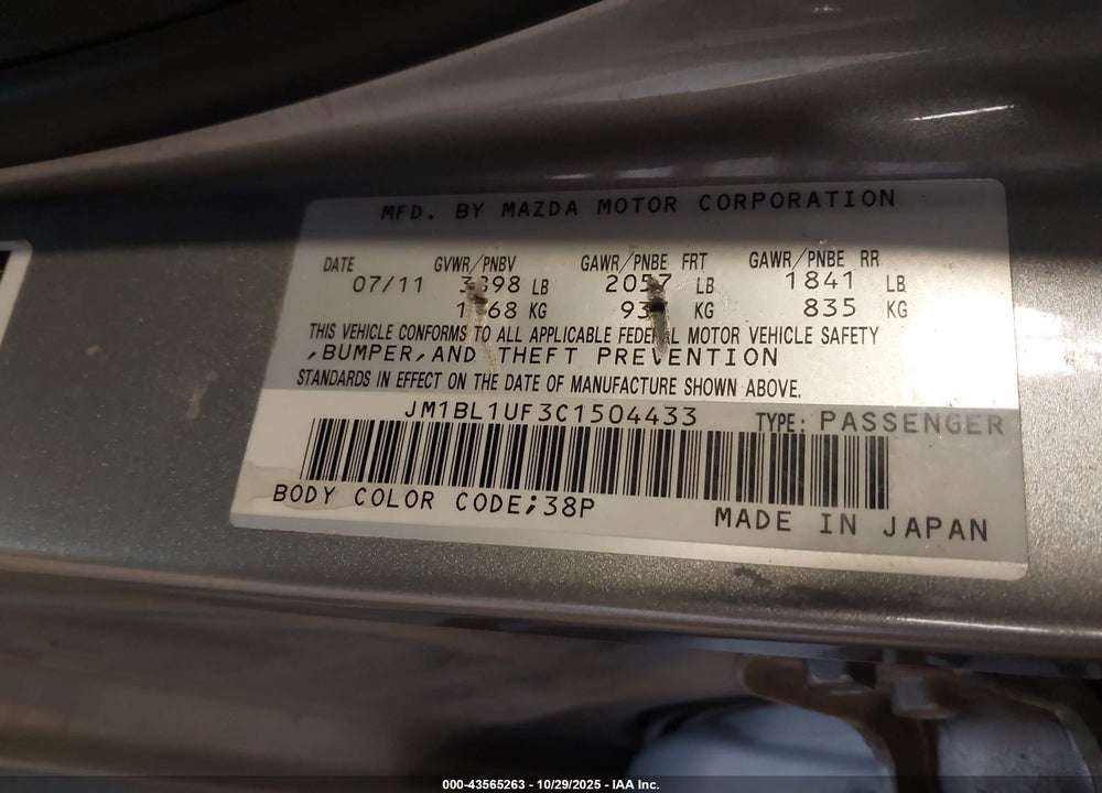 2012 MAZDA 3 I SPORT VIN: JM1BL1UF3C1504433