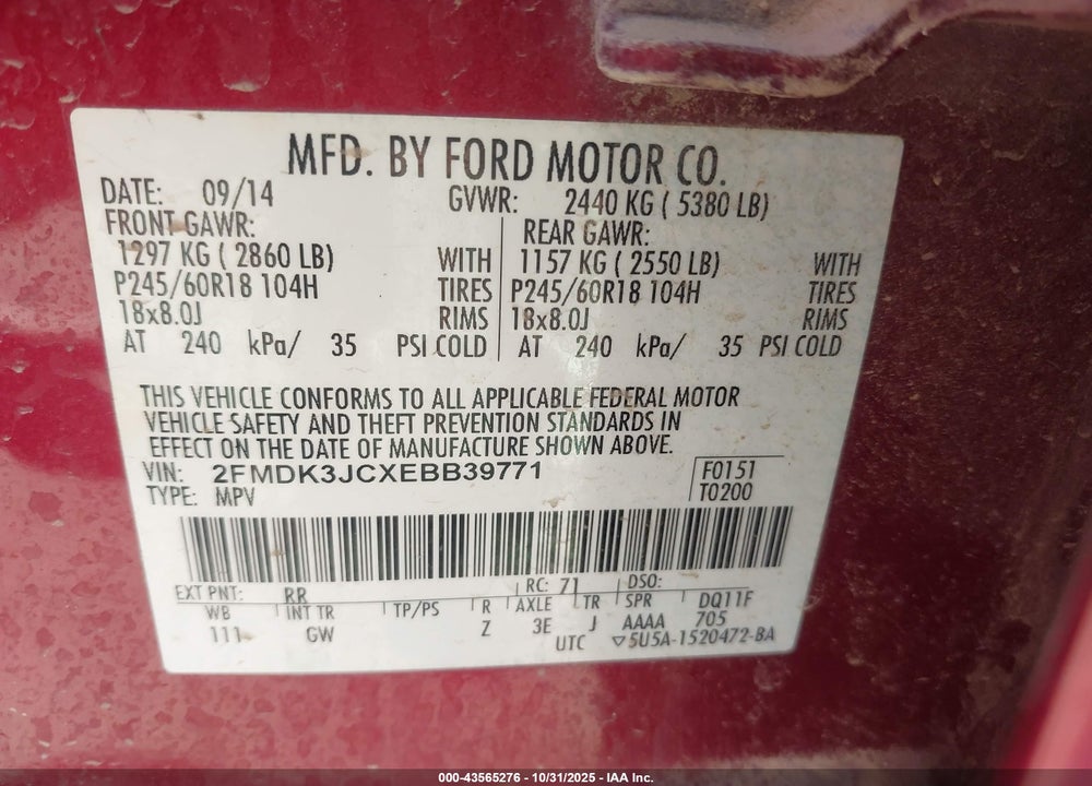 2014 FORD EDGE SEL VIN: 2FMDK3JCXEBB39771