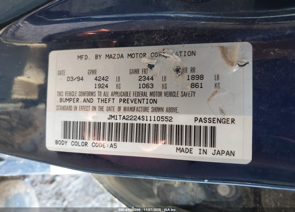 1995 MAZDA MILLENIA S VIN: JM1TA2224S1110552