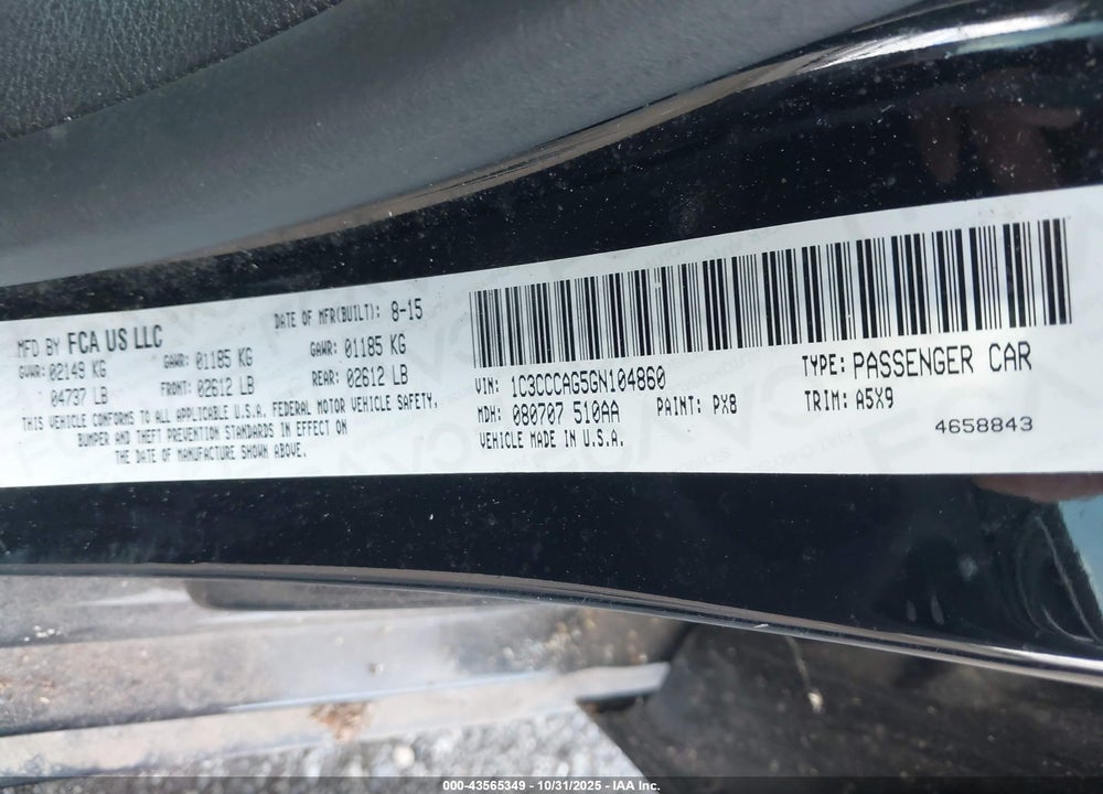 2016 CHRYSLER 200 LIMITED VIN: 1C3CCCAG5GN104860