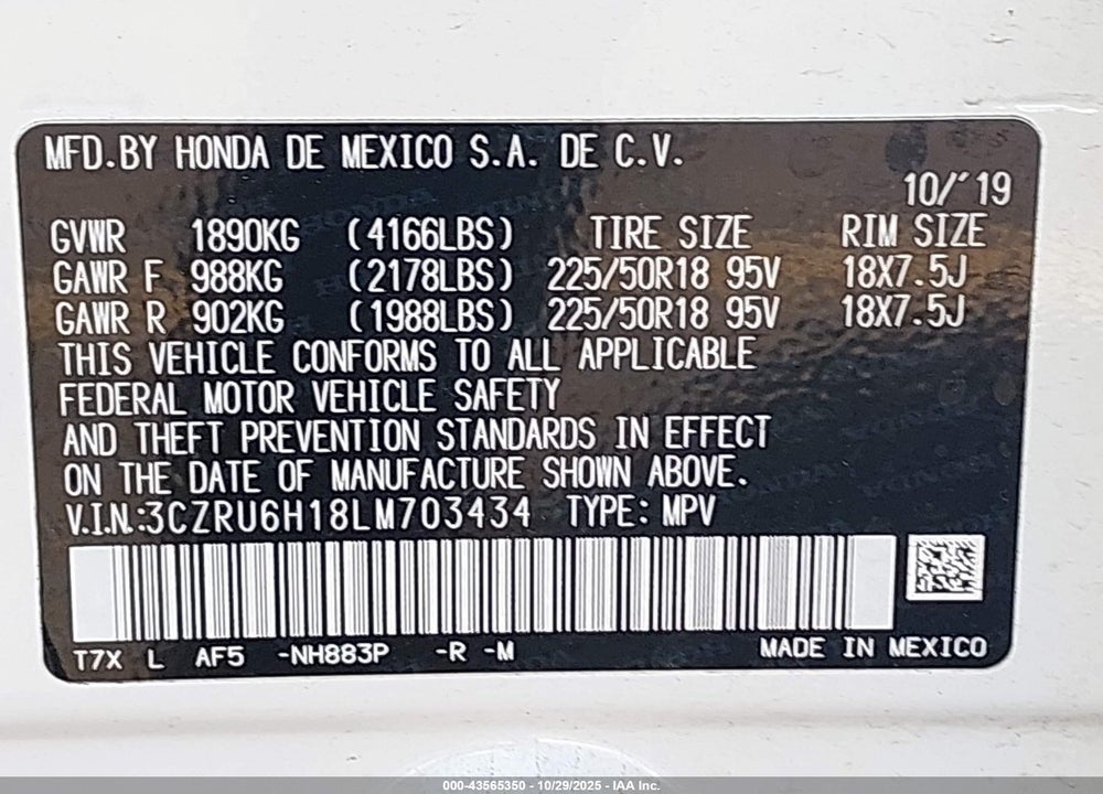 2020 HONDA HR-V AWD SPORT VIN: 3CZRU6H18LM703434