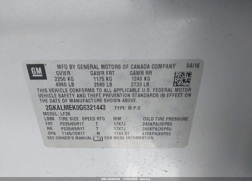 2016 GMC TERRAIN SLE-1 VIN: 2GKALMEK0G6321443
