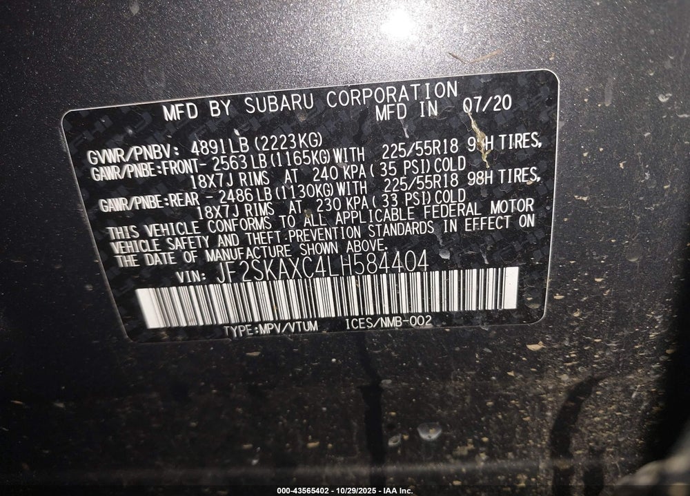 2020 SUBARU FORESTER TOURING VIN: JF2SKAXC4LH584404