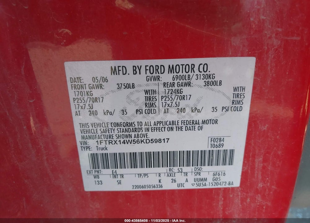2006 FORD F-150 STX/XL/XLT VIN: 1FTRX14W56KD59817