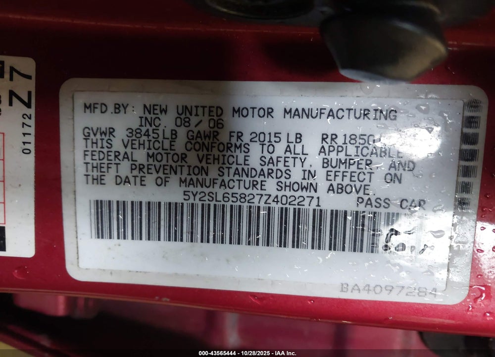 2007 PONTIAC VIBE VIN: 5Y2SL65827Z402271