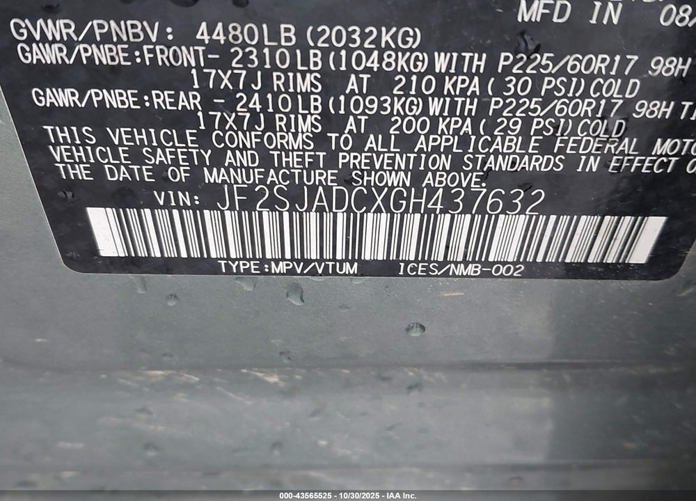 2016 SUBARU FORESTER 2.5I PREMIUM VIN: JF2SJADCXGH437632