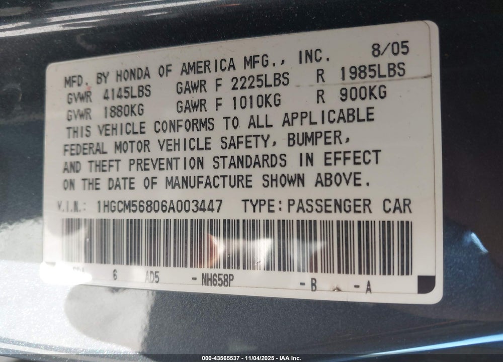 2006 HONDA ACCORD VIN: 1HGCM56806A003447