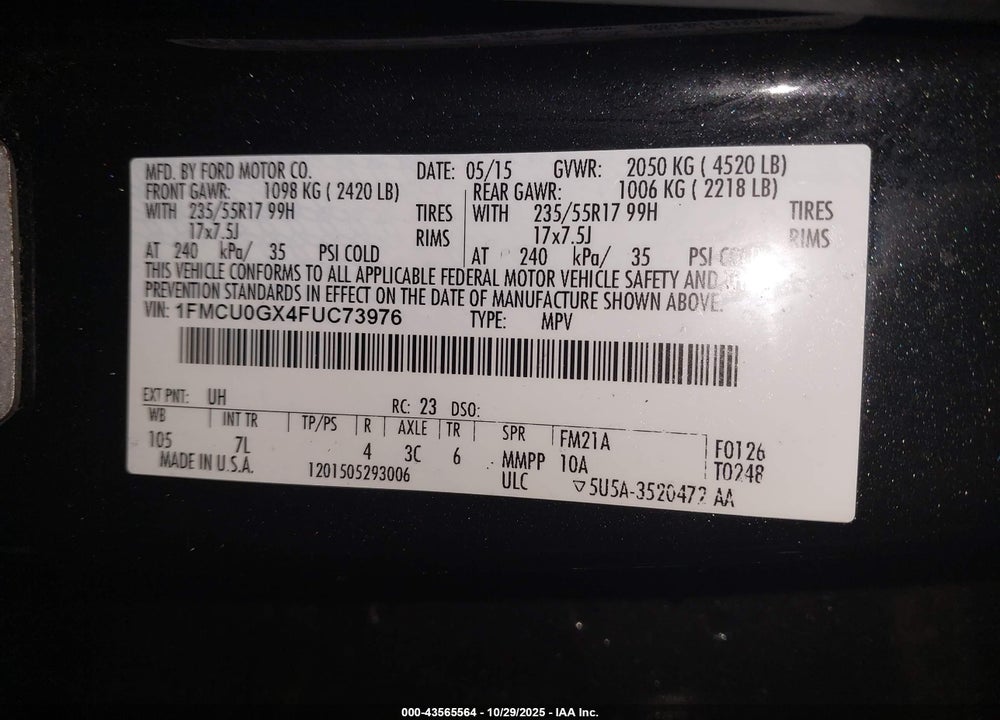 2015 FORD ESCAPE VIN: 1FMCU0GX4FUC73976