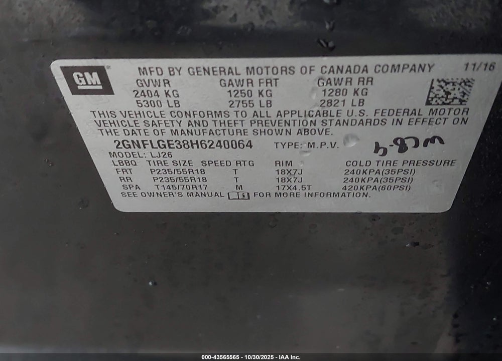2017 CHEVROLET EQUINOX VIN: 2GNFLGE38H6240064