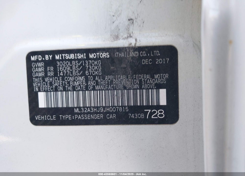 2018 MITSUBISHI MIRAGE ES VIN: ML32A3HJ9JH007815