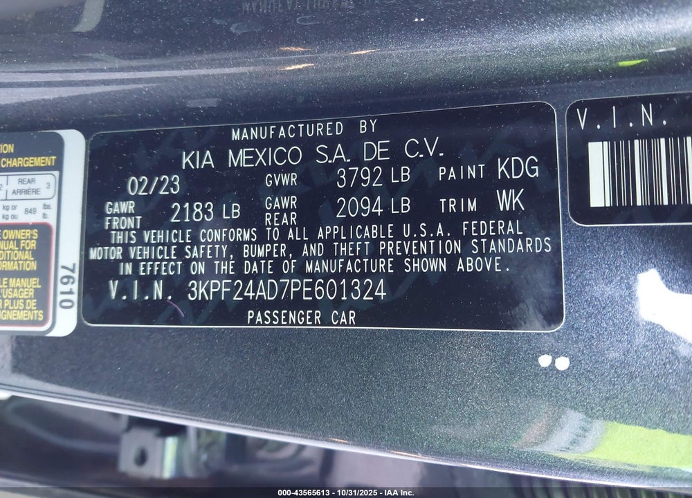 2023 KIA FORTE LXS VIN: 3KPF24AD7PE601324