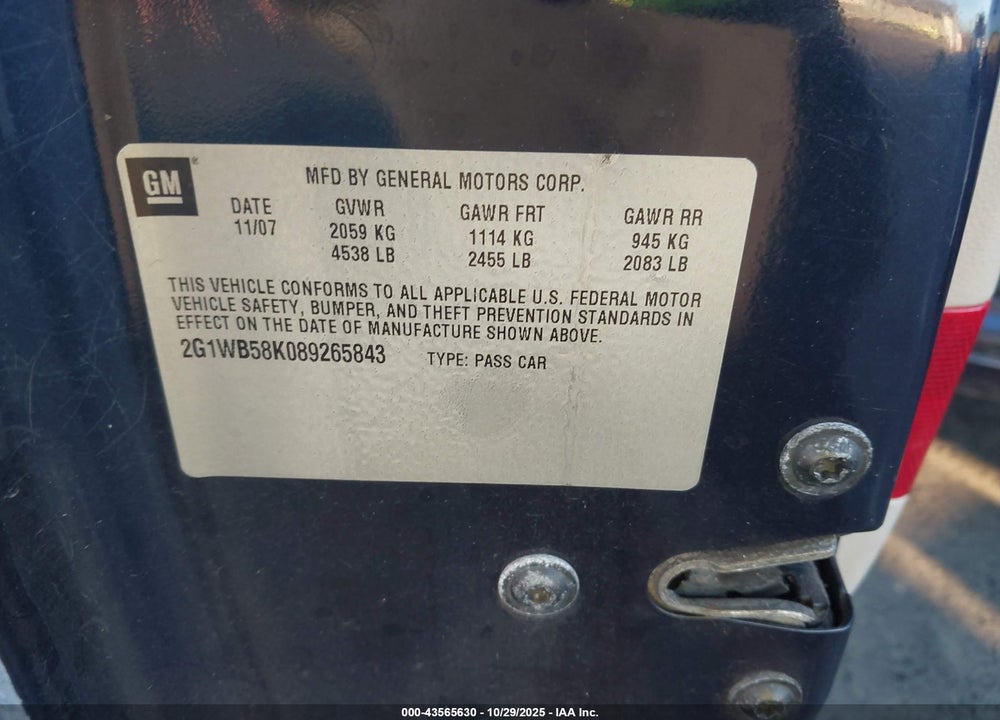 2008 CHEVROLET IMPALA VIN: 2G1WB58K089265843
