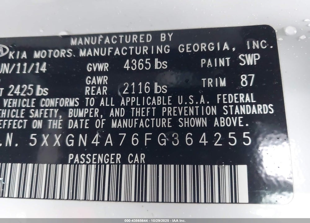 2015 KIA OPTIMA EX VIN: 5XXGN4A76FG364255