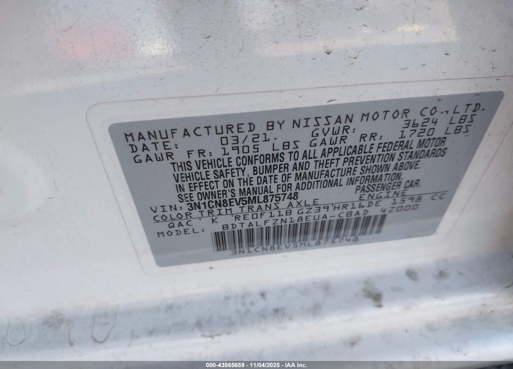 2021 NISSAN VERSA SV XTRONIC CVT VIN: 3N1CN8EV5ML875748
