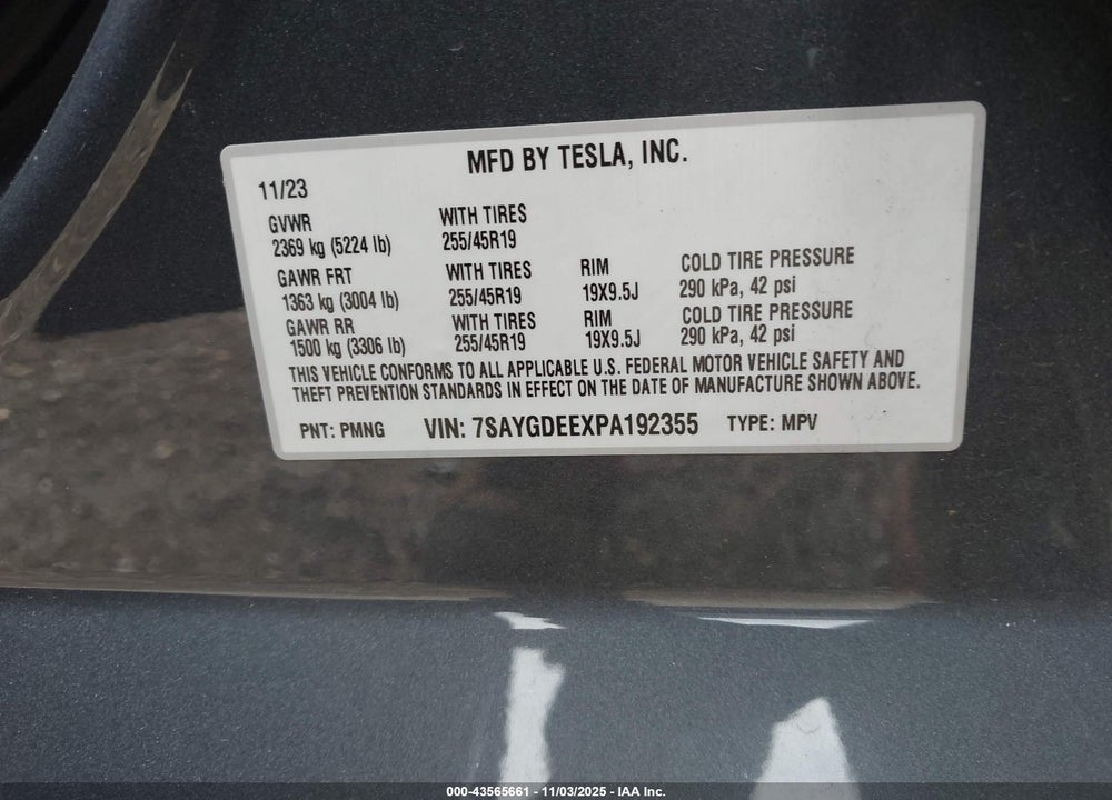 2023 TESLA MODEL Y AWD/LONG RANGE DUAL MOTOR ALL-WHEEL DRIVE VIN: 7SAYGDEEXPA192355