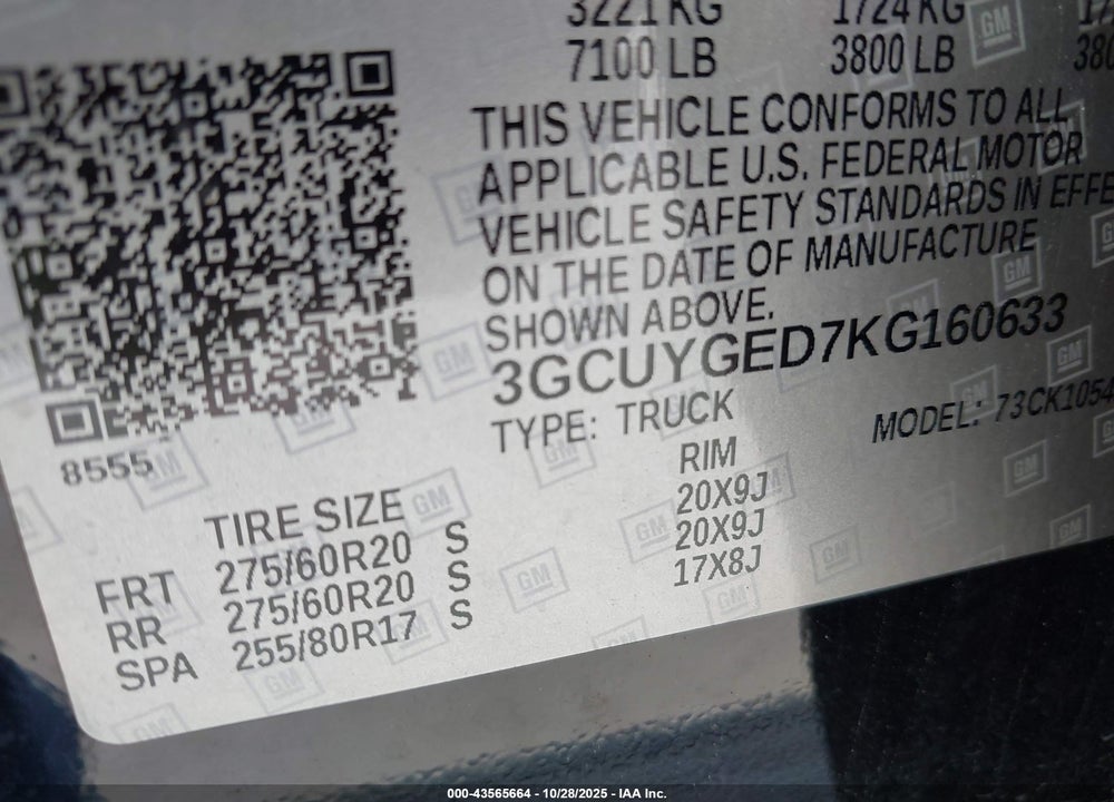 2019 CHEVROLET SILVERADO 1500 LTZ VIN: 3GCUYGED7KG160633