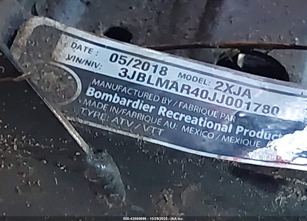 2018 CAN-AM OUTLANDER MAX 450/450 DPS VIN: 3JBLMAR40JJ001780