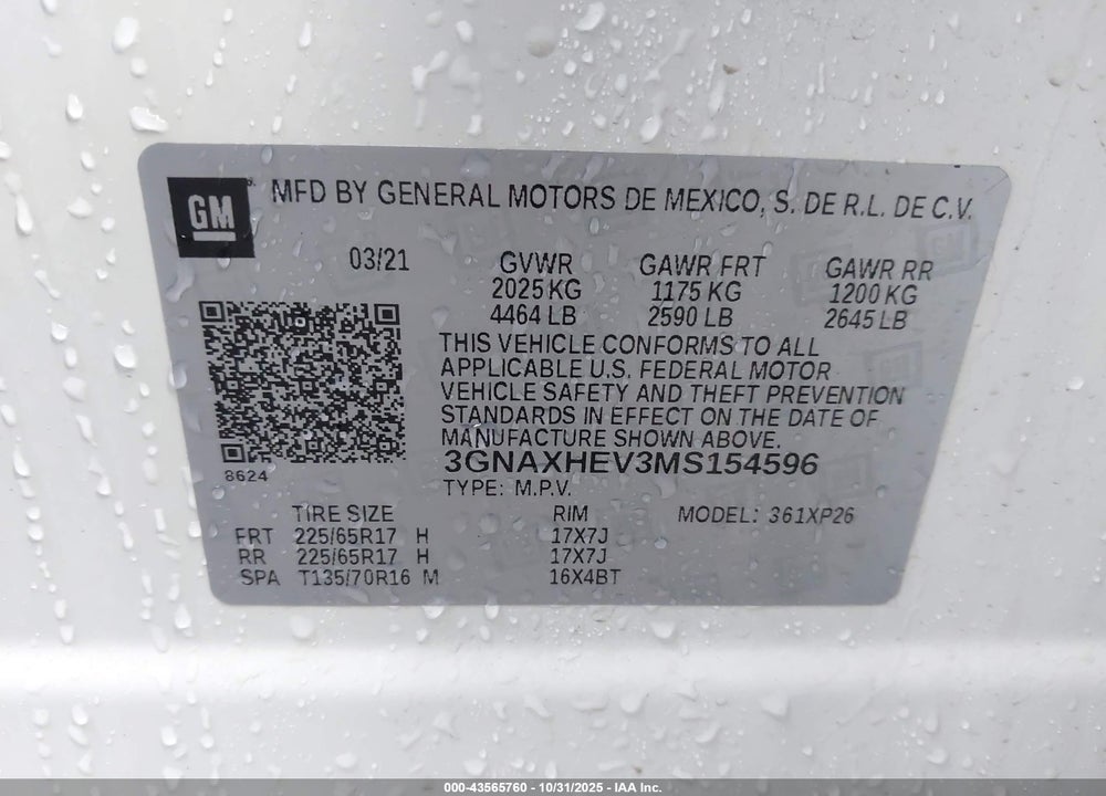 2021 CHEVROLET EQUINOX VIN: 3GNAXHEV3MS154596