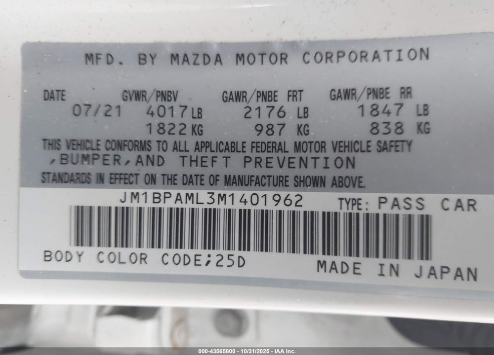 2021 MAZDA 3 VIN: JM1BPAML3M1401962