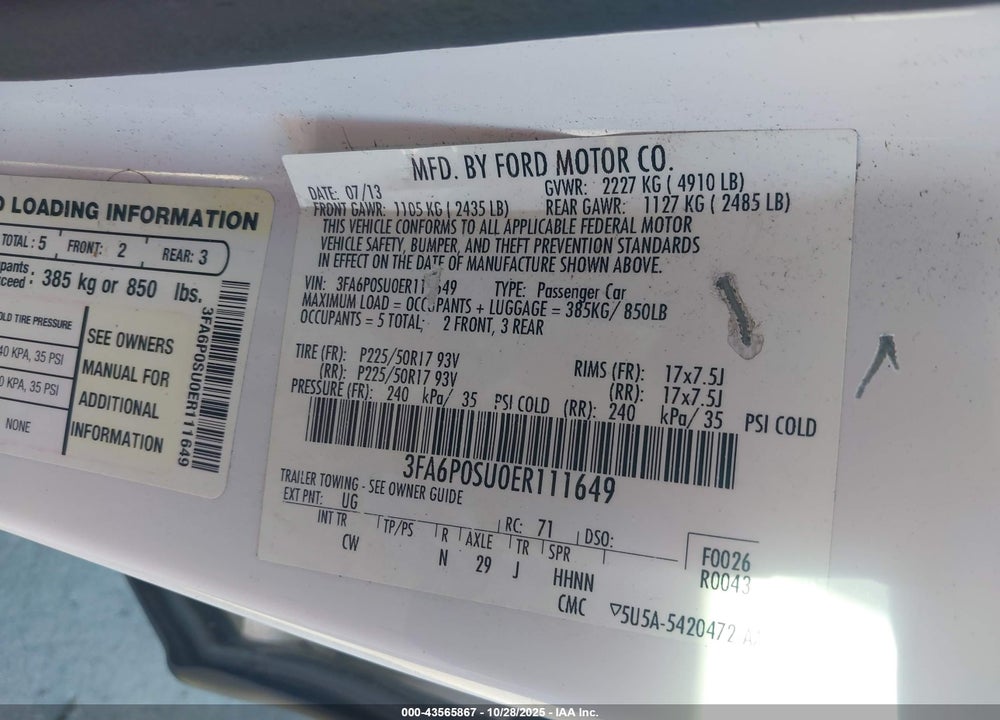 2014 FORD FUSION VIN: 3FA6P0SU0ER111649