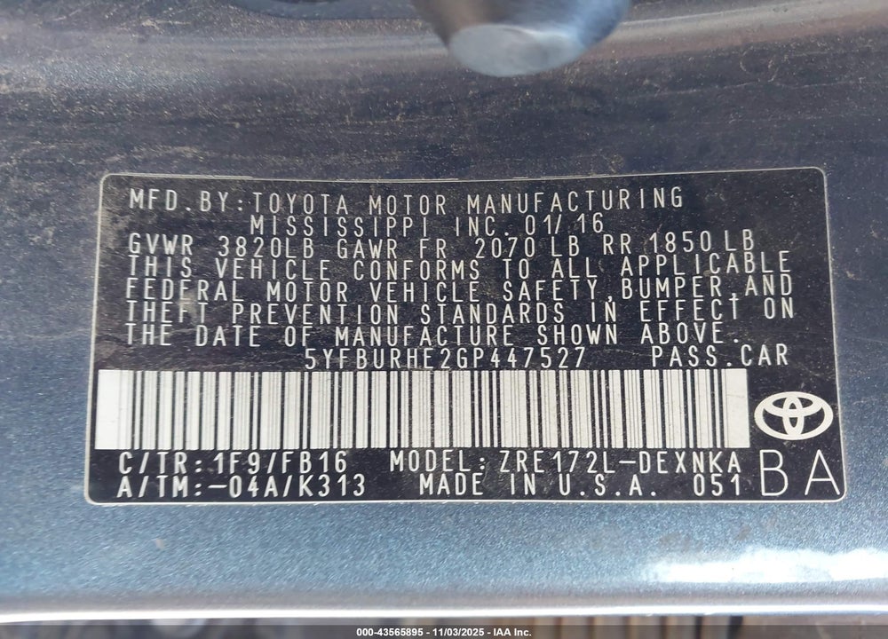 2016 TOYOTA COROLLA LE VIN: 5YFBURHE2GP447527