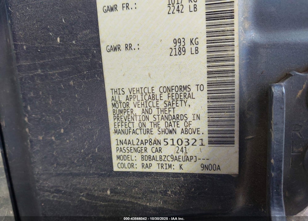 2010 NISSAN ALTIMA 2.5 S VIN: 1N4AL2AP8AN510321